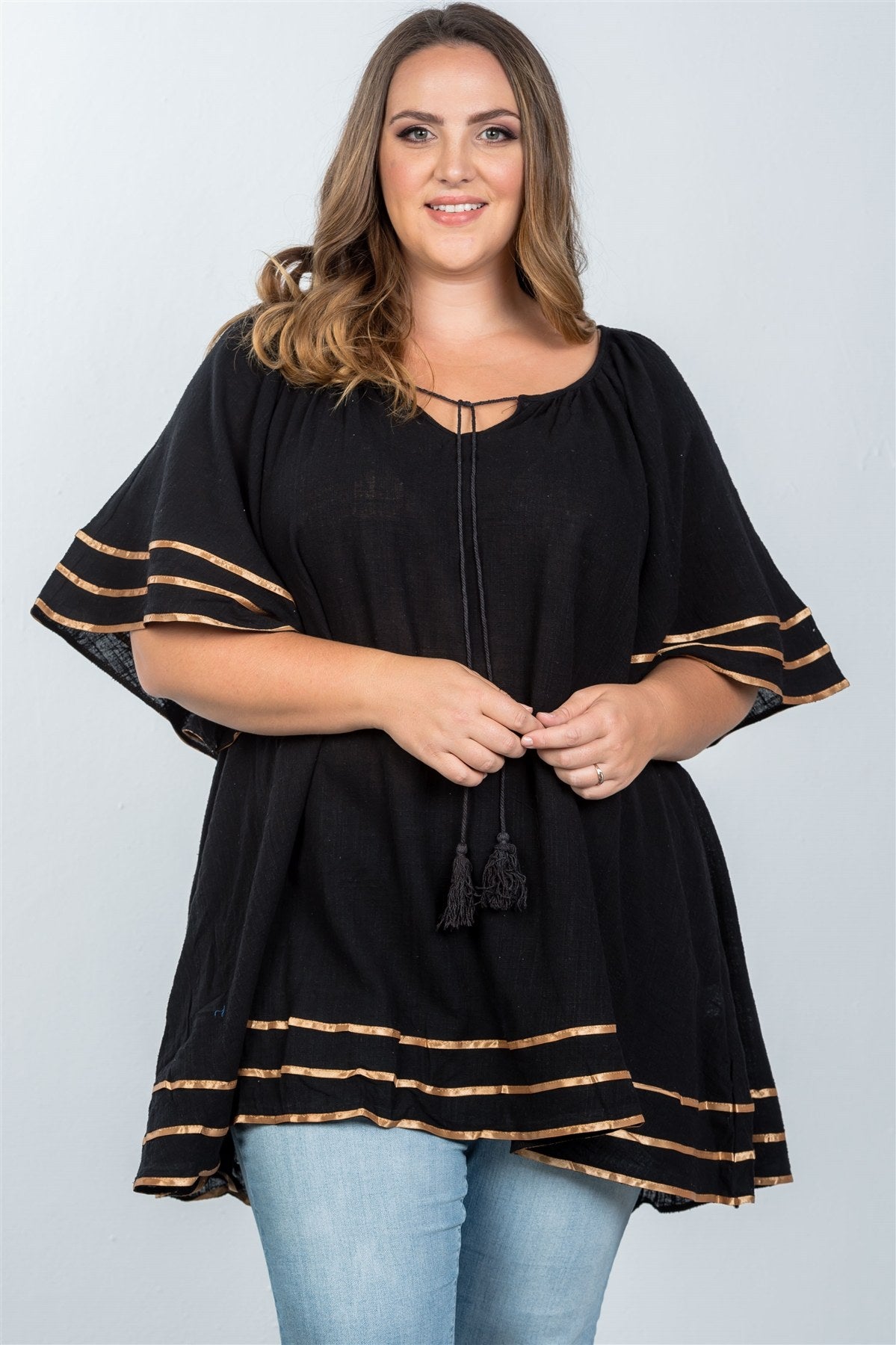 Ladies fashion plus size boho black tassel tie tunic top