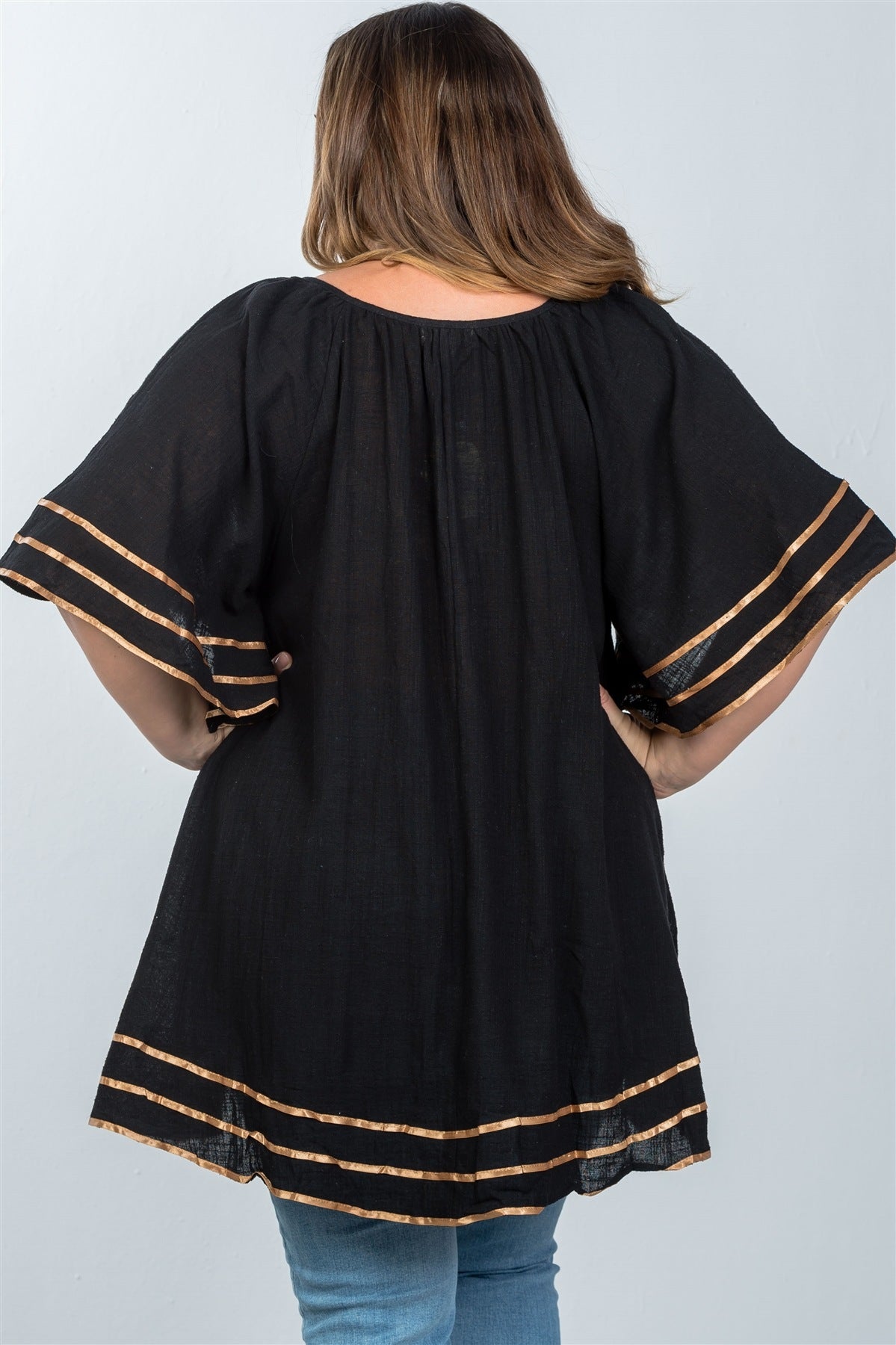 Ladies fashion plus size boho black tassel tie tunic top