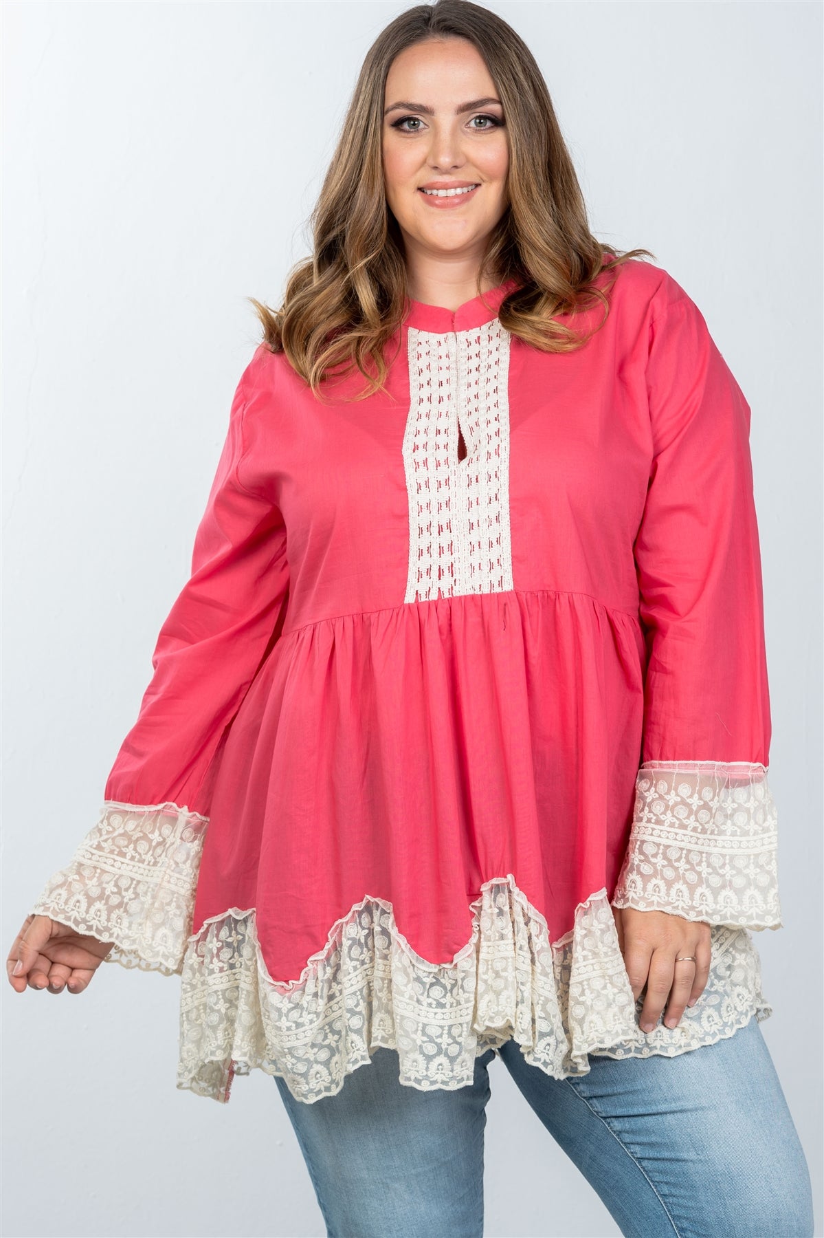 Ladies fashion plus size boho contrast lace trim babydoll tunic top