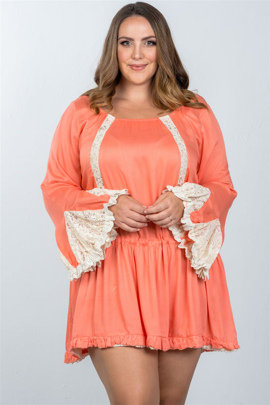 Ladies fashion plus size boho lace trim puff cuff dress