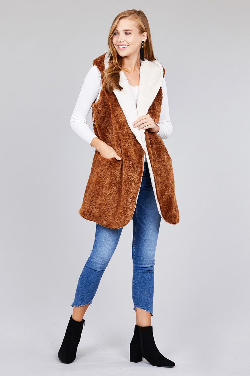 Ladies fashion plus size open front w/hoodie faux fur soft fluffy vest