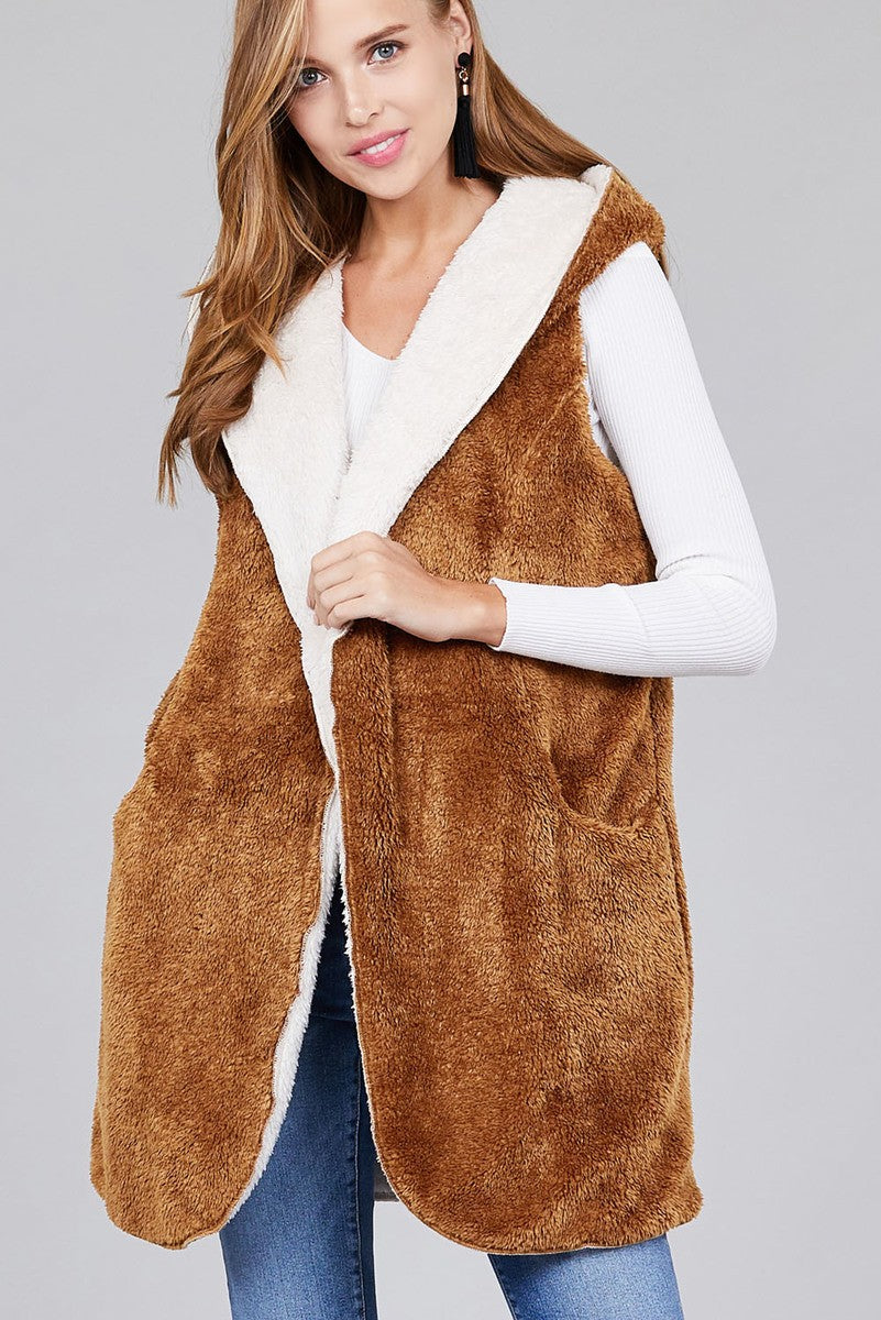 Ladies fashion plus size open front w/hoodie faux fur soft fluffy vest