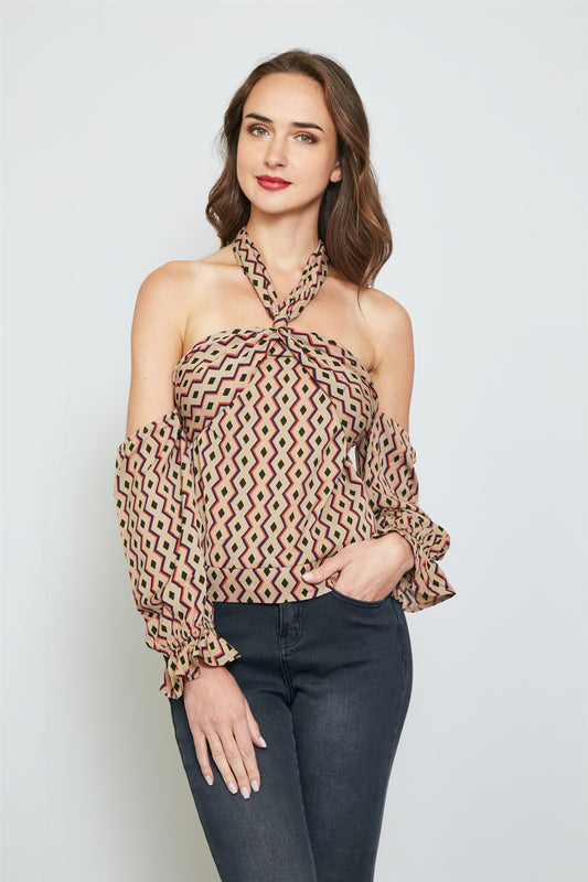 Ladies fashion geo print off the shoulder top