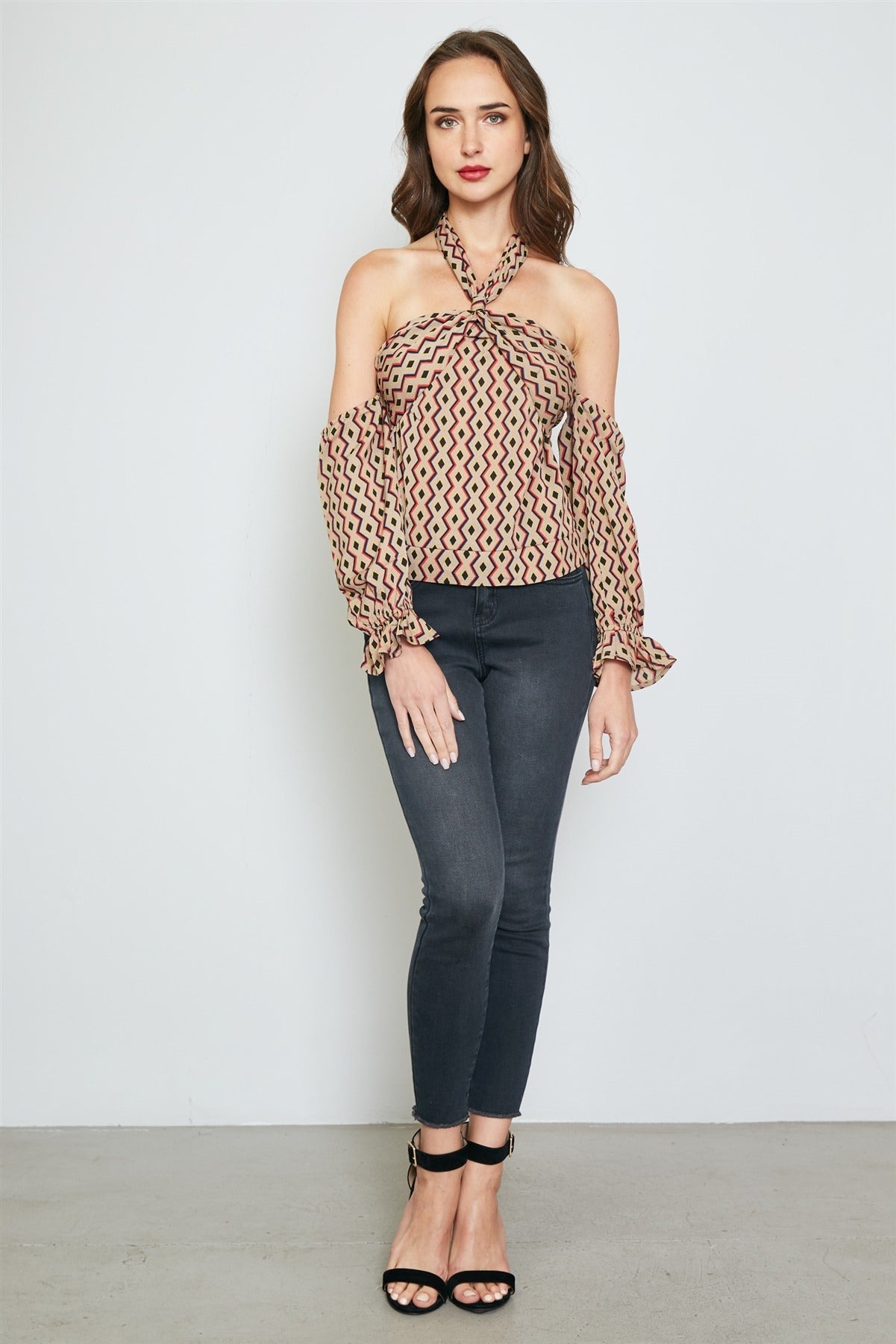 Ladies fashion geo print off the shoulder top