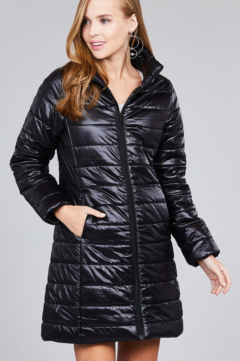 Long sleeve quilted long padding jacket