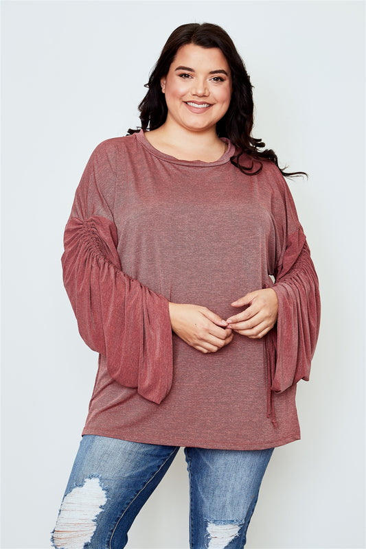 Plus size red ruched drawstring sleeves loose top