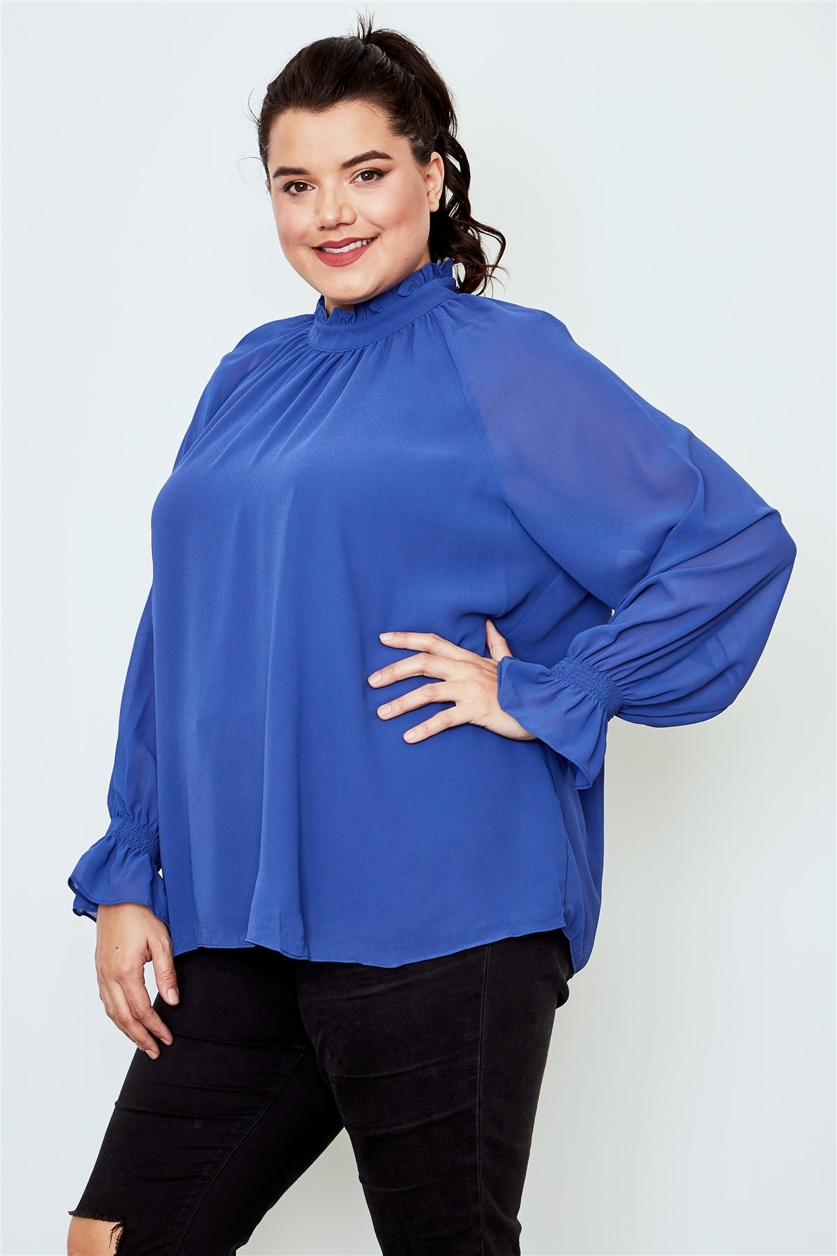 Plus size high neck ruffle long sleeve top