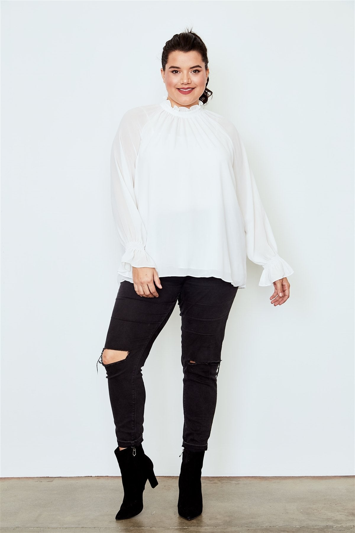 Plus size high neck ruffle long sleeve top