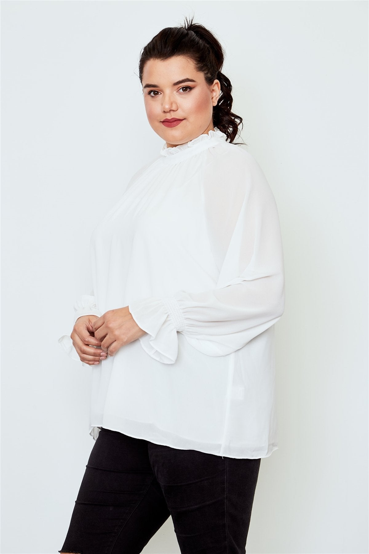 Plus size high neck ruffle long sleeve top