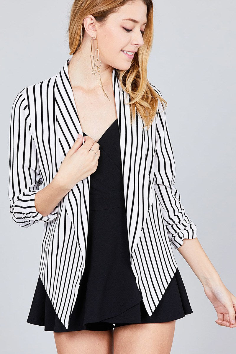 Shirring Sleeve Open Front W/label Striped Jacket