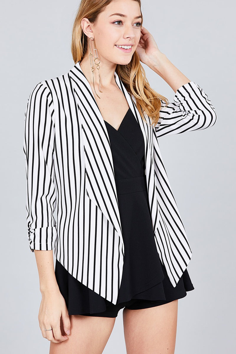 Shirring Sleeve Open Front W/label Striped Jacket