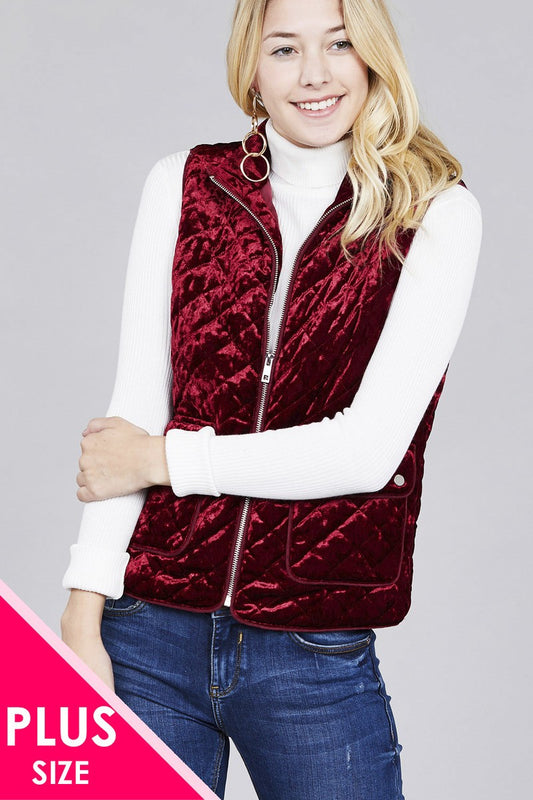 Quilted Padding W/suede Piping Detail Velvet Vest