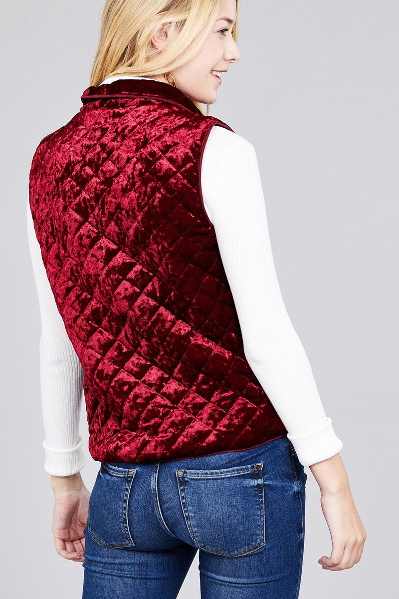 Quilted Padding W/suede Piping Detail Velvet Vest