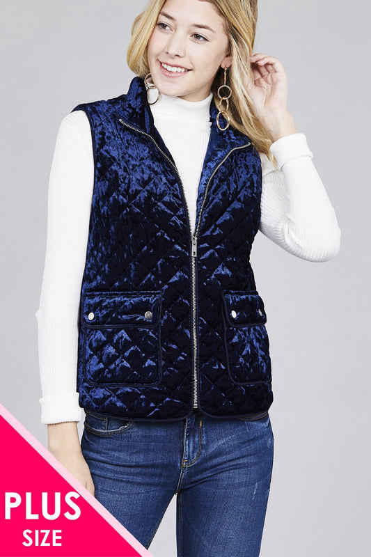 Quilted Padding W/suede Piping Detail Velvet Vest