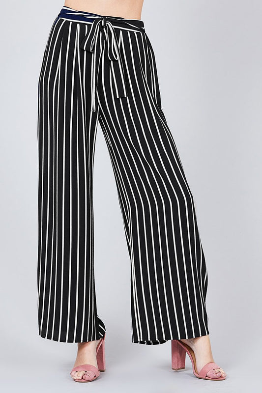 Stripe Print Waist Self Bow Tie Crepe Long Pants