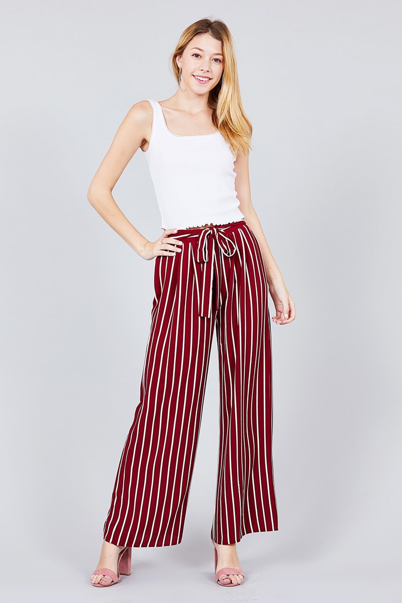 Stripe Print Waist Self Bow Tie Crepe Long Pants