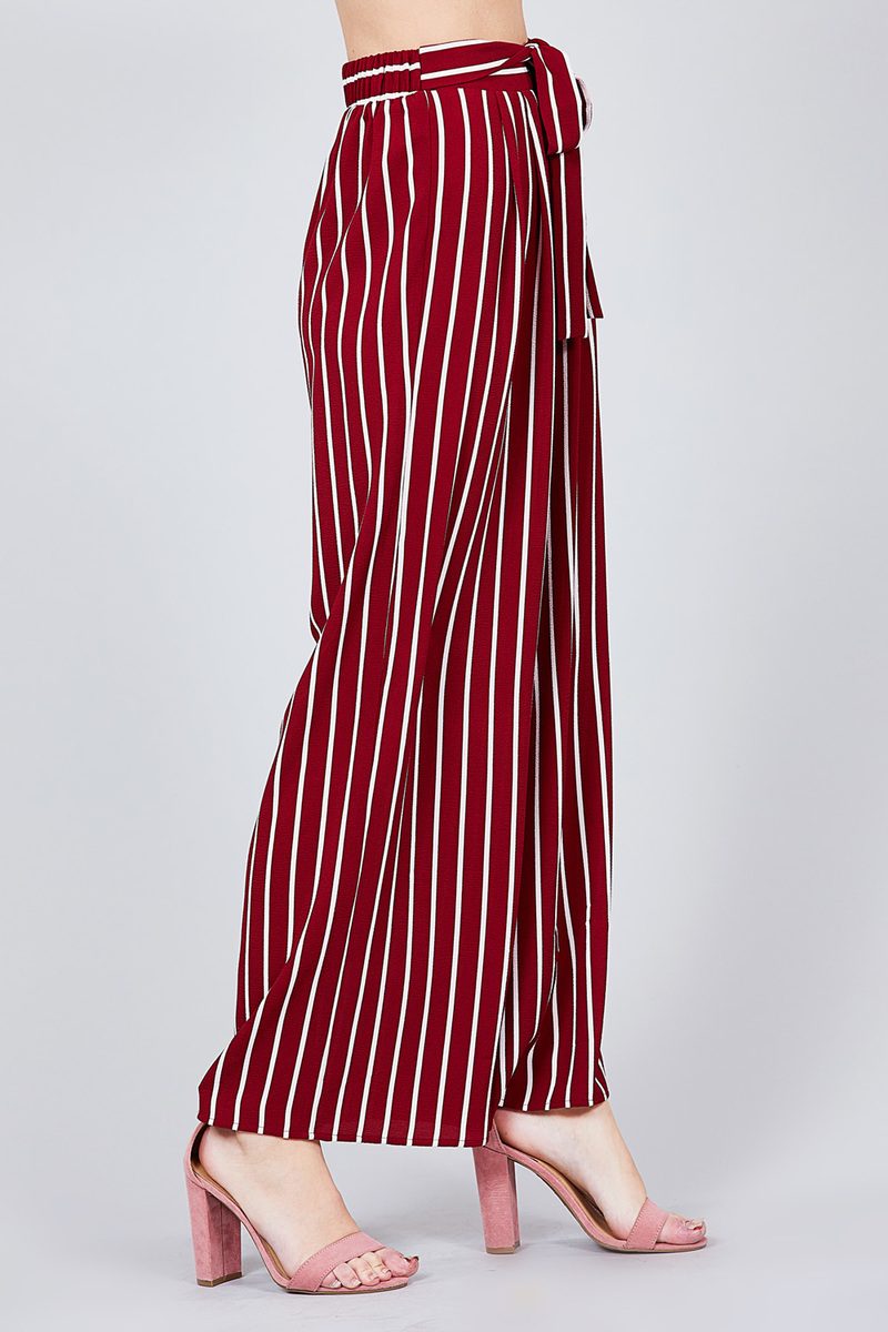 Stripe Print Waist Self Bow Tie Crepe Long Pants