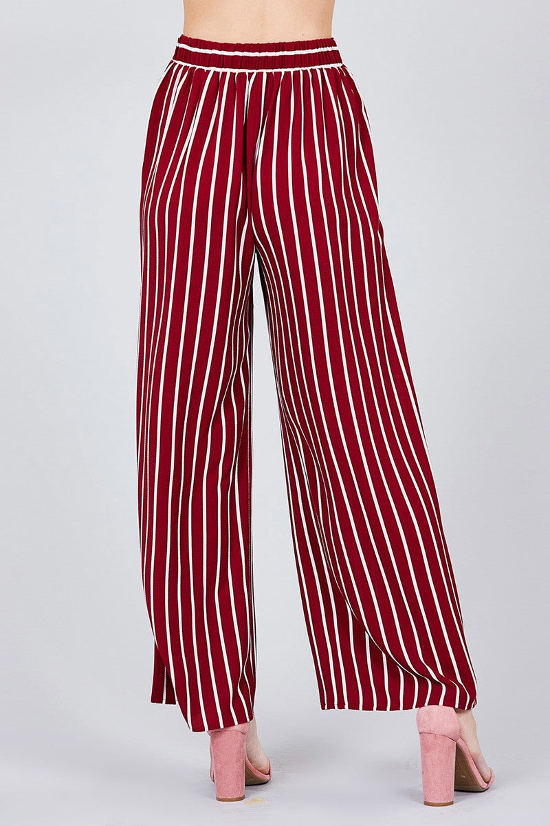 Stripe Print Waist Self Bow Tie Crepe Long Pants