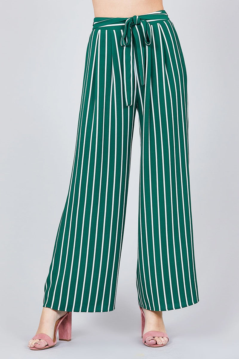 Stripe Print Waist Self Bow Tie Crepe Long Pants