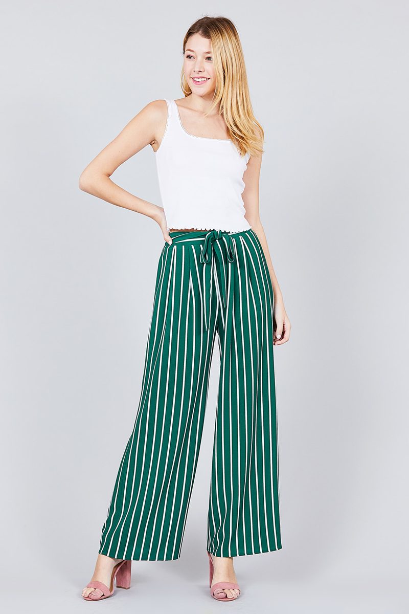 Stripe Print Waist Self Bow Tie Crepe Long Pants