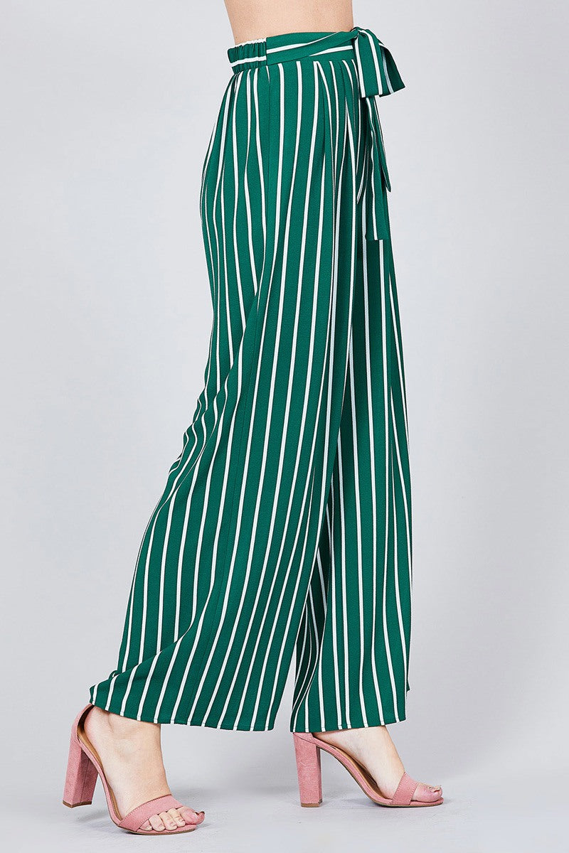 Stripe Print Waist Self Bow Tie Crepe Long Pants