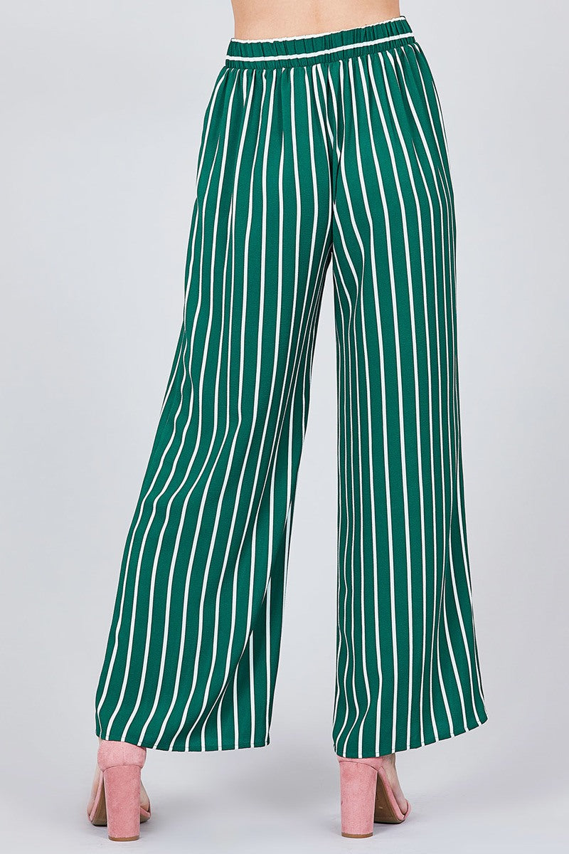 Stripe Print Waist Self Bow Tie Crepe Long Pants