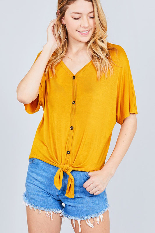 Short Dolman Sleeve V-neck W/button Detail Front Tie Rayon Spandex Cardigan