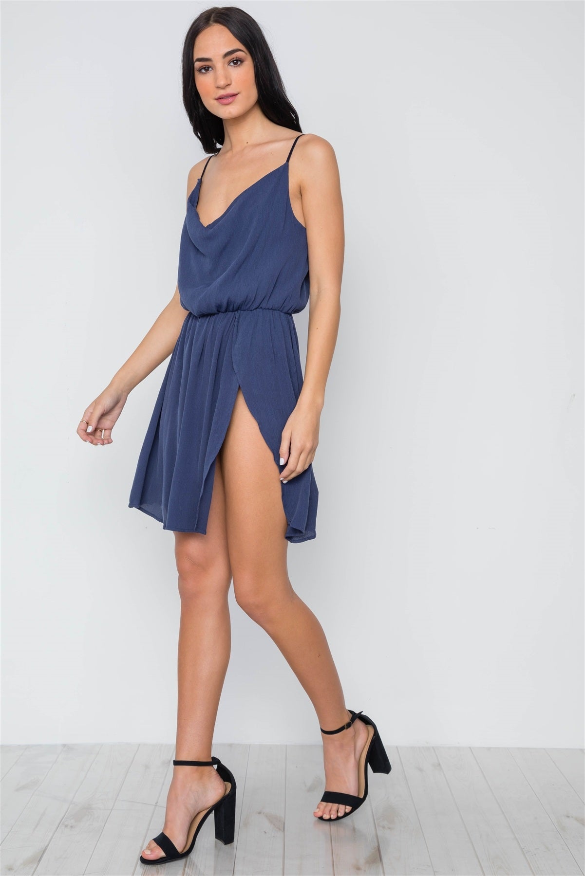 Navy Solid Cami Cowl Neck Side Slit Mini Dress