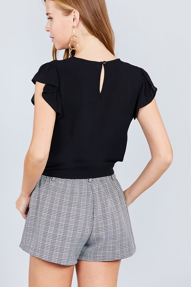 Ruffle Short Sleeve Front Tie Crinkle Gauze Woven Top