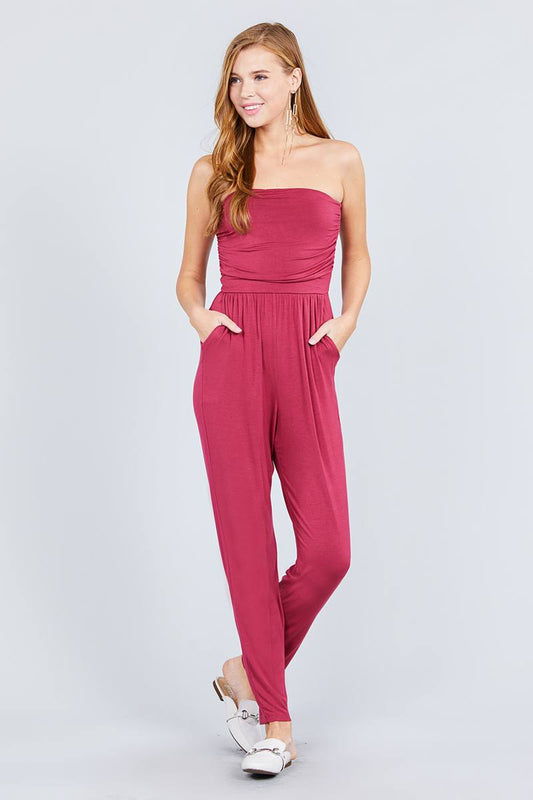 Strapless Tube Top W/front Slanted And Pocket Rayon Spandex Jumpsuit