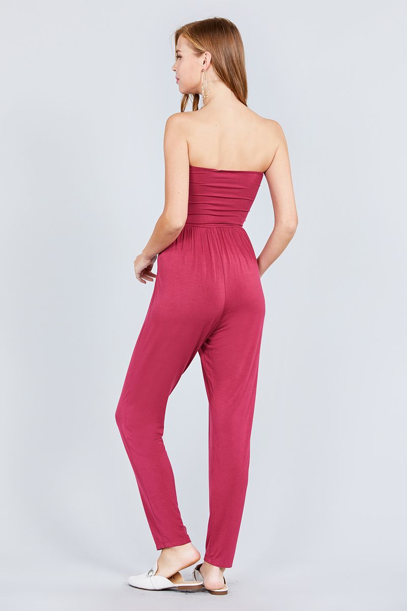 Strapless Tube Top W/front Slanted And Pocket Rayon Spandex Jumpsuit