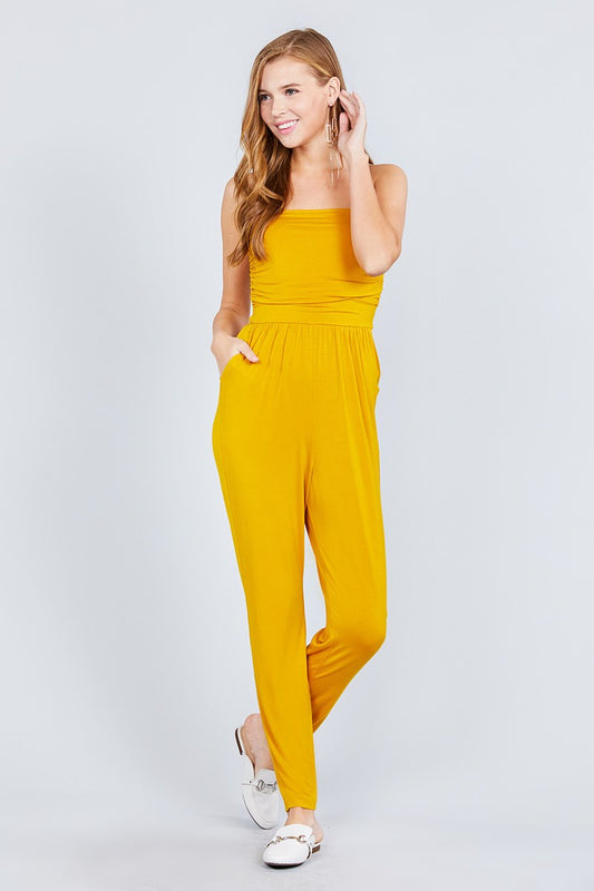 Strapless Tube Top W/front Slanted And Pocket Rayon Spandex Jumpsuit