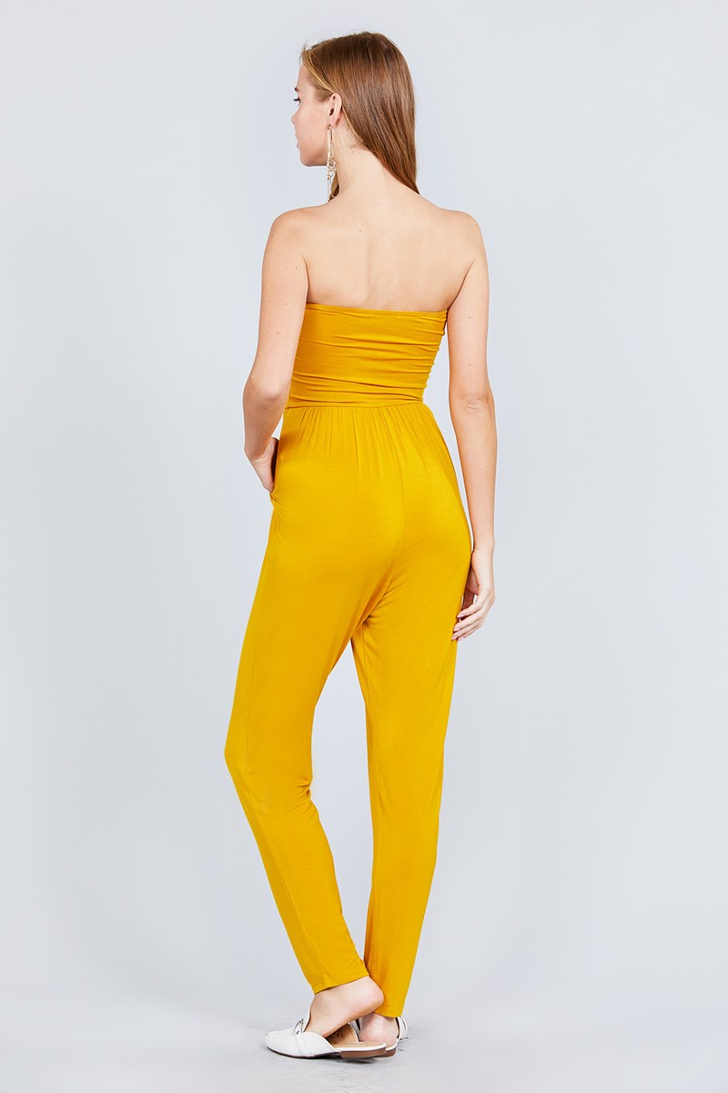 Strapless Tube Top W/front Slanted And Pocket Rayon Spandex Jumpsuit