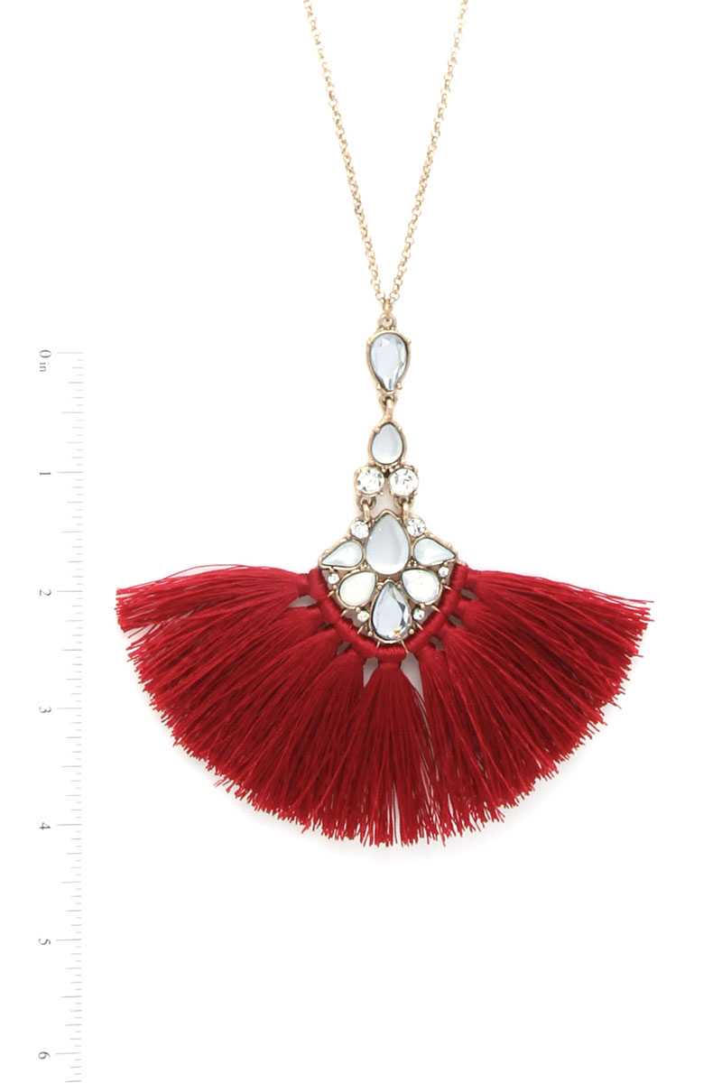 Rhinestone Teardrop Shape Fan Tassel Pendant Necklace