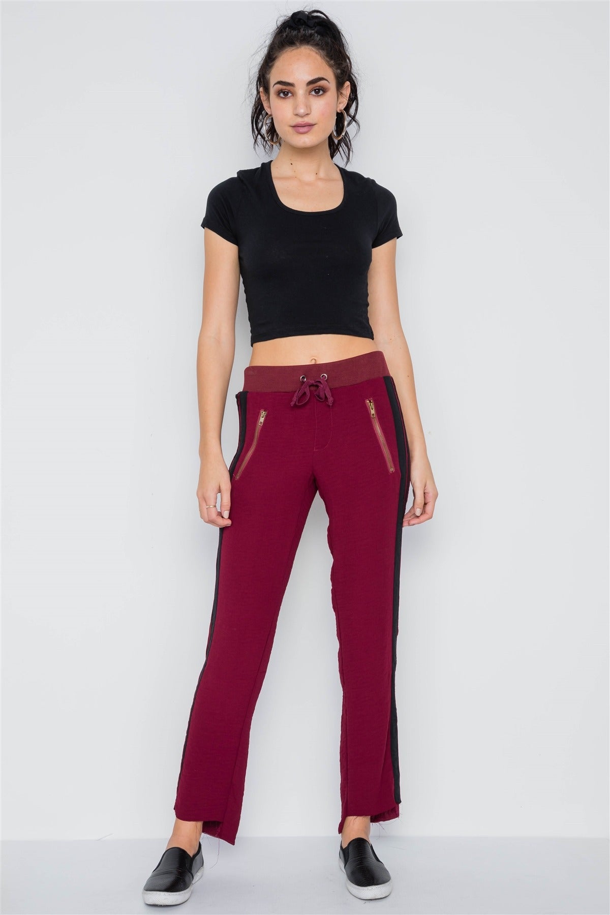 Wine Contrast Trim Raw Hem Casual Sporty Pants