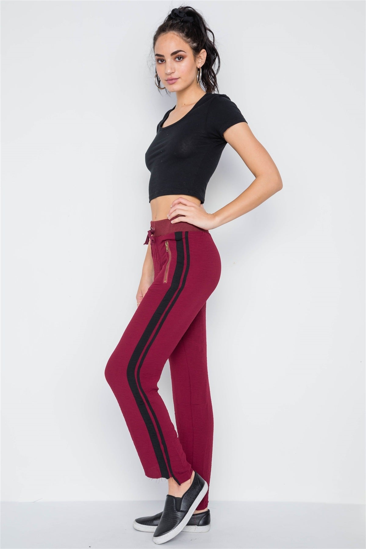 Wine Contrast Trim Raw Hem Casual Sporty Pants