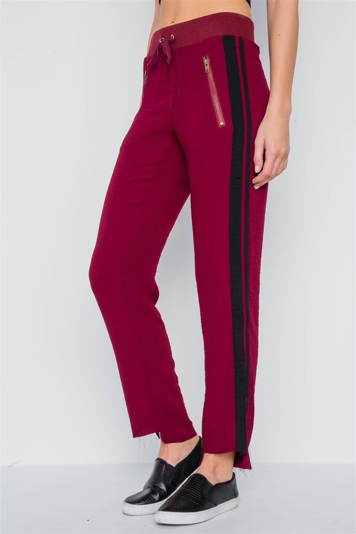 Wine Contrast Trim Raw Hem Casual Sporty Pants