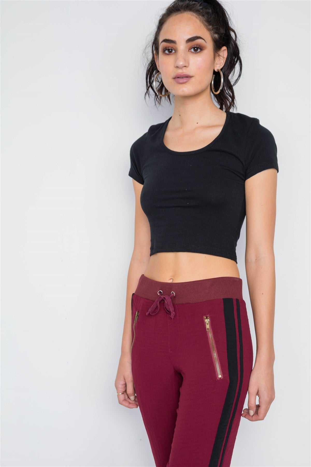 Wine Contrast Trim Raw Hem Casual Sporty Pants