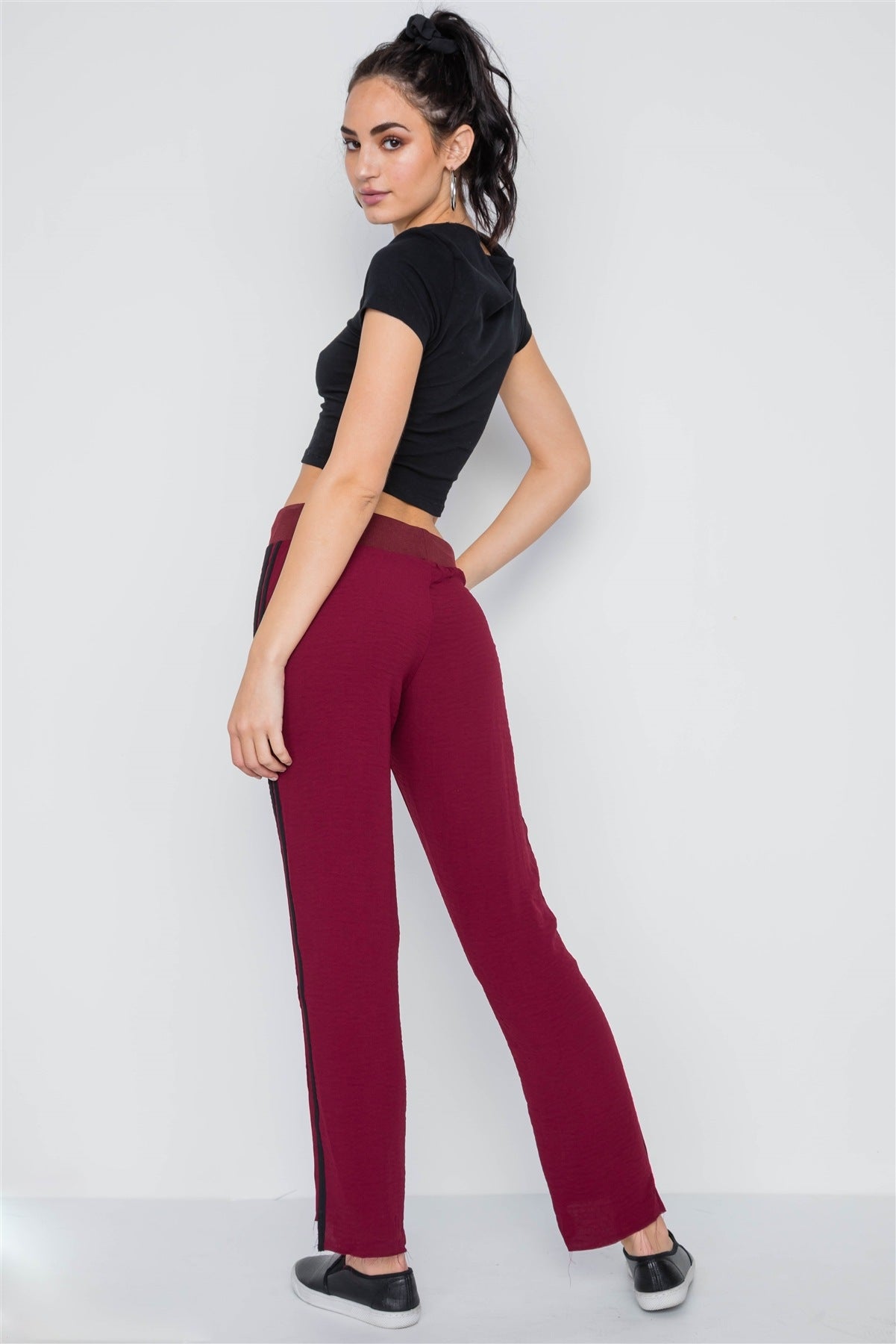 Wine Contrast Trim Raw Hem Casual Sporty Pants