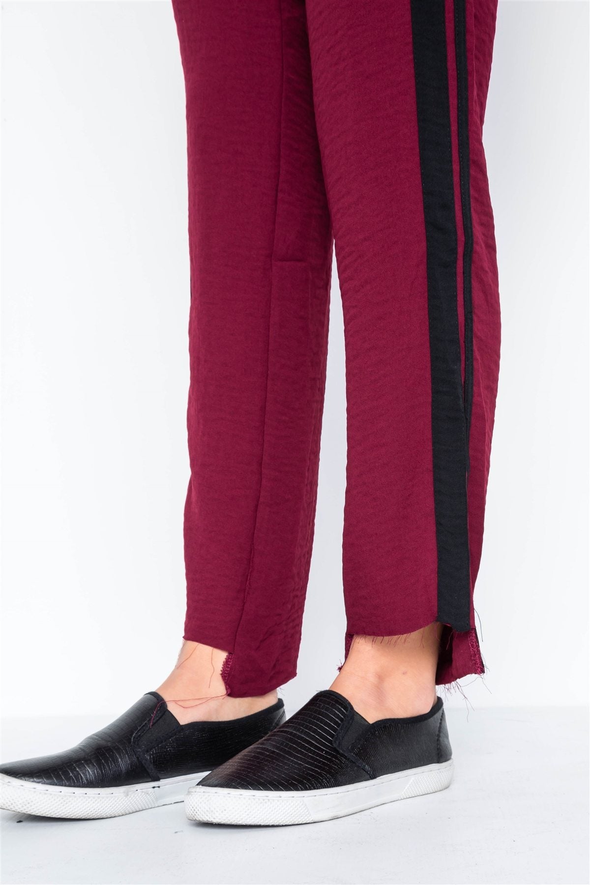 Wine Contrast Trim Raw Hem Casual Sporty Pants