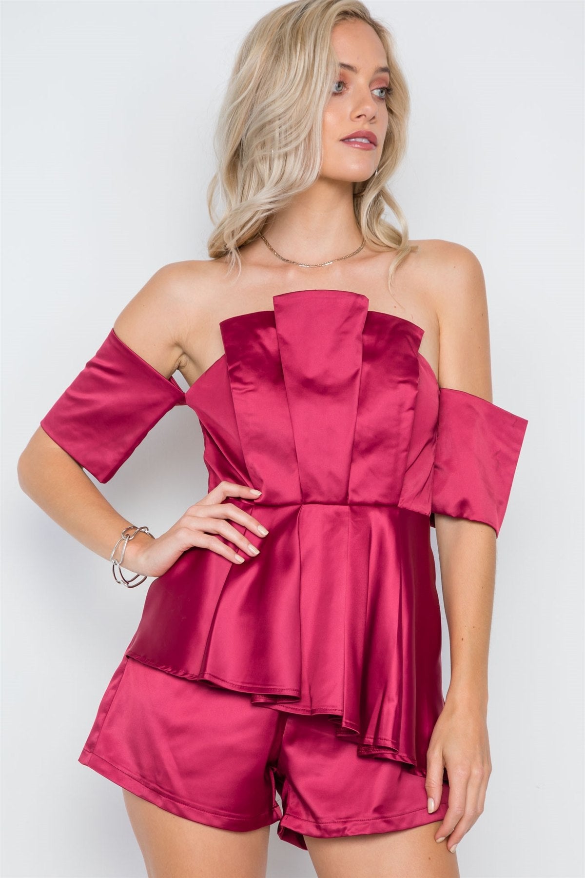 Wine Layered Off-the-shoulder Evening Romper