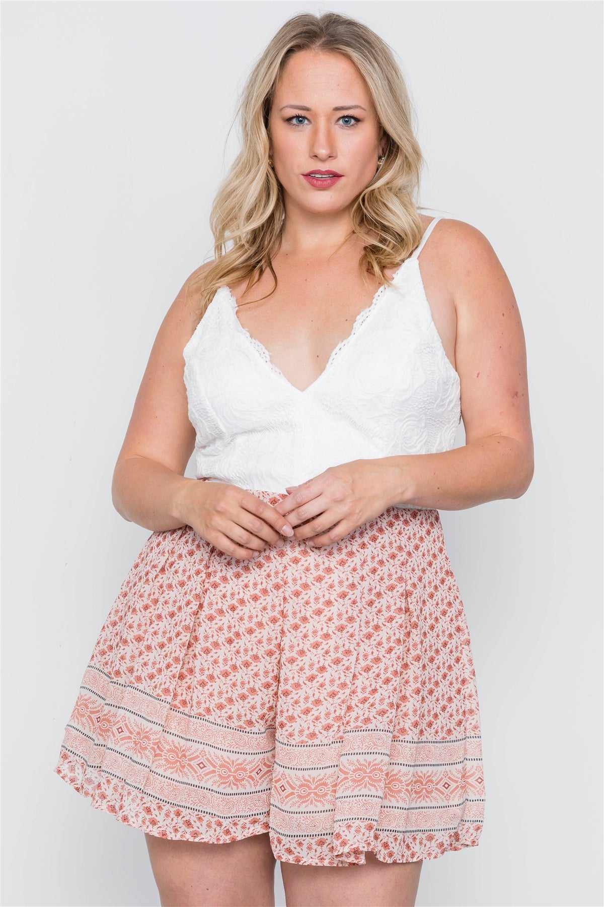 Plus Size Peach Floral Combo V-neck Cami Romper