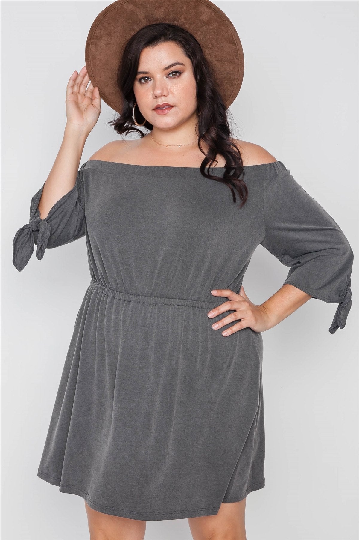 Plus Size Charcoal Off The Shoulder Basic Mini Dress