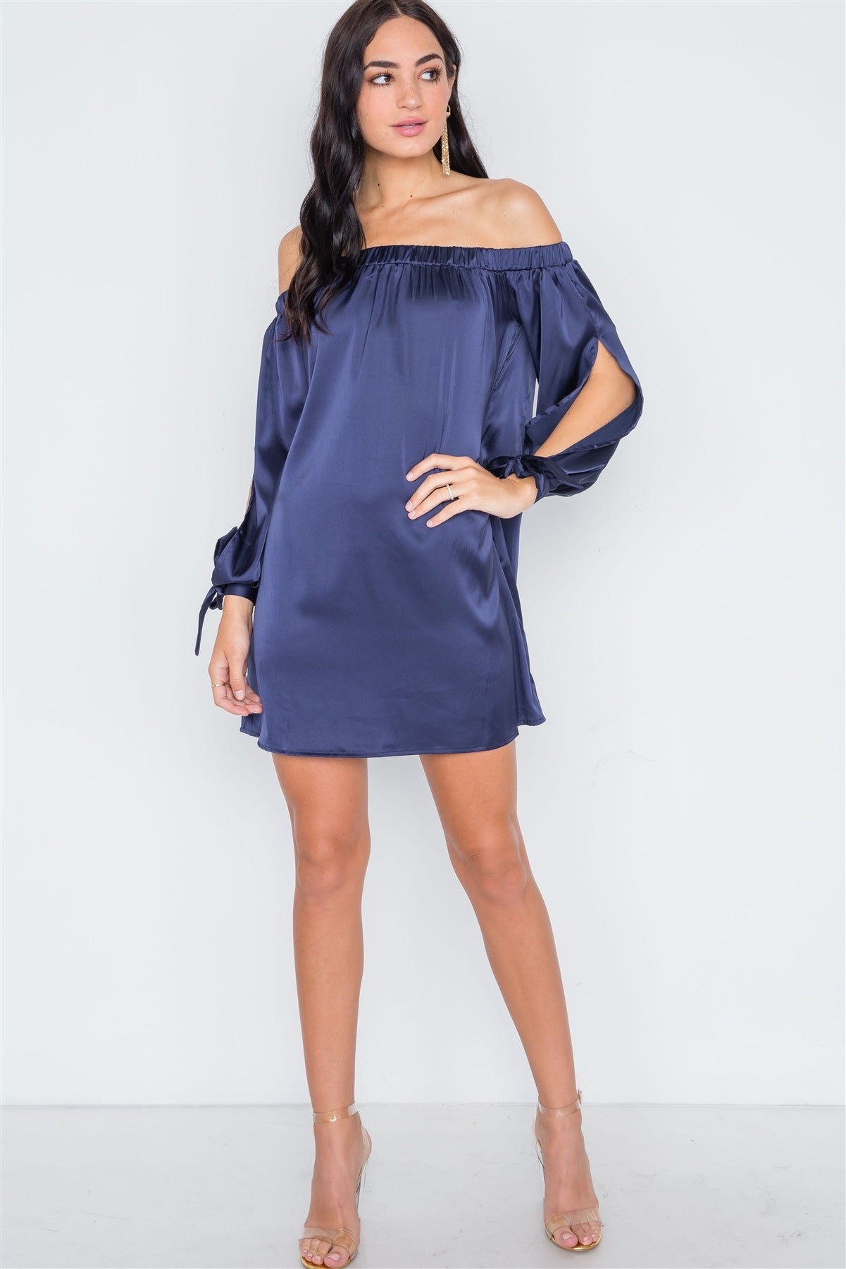 Navy Blue Satin Open Sleeve Satin Mini Dress