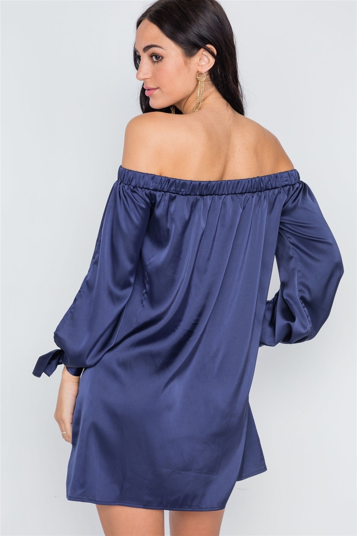 Navy Blue Satin Open Sleeve Satin Mini Dress