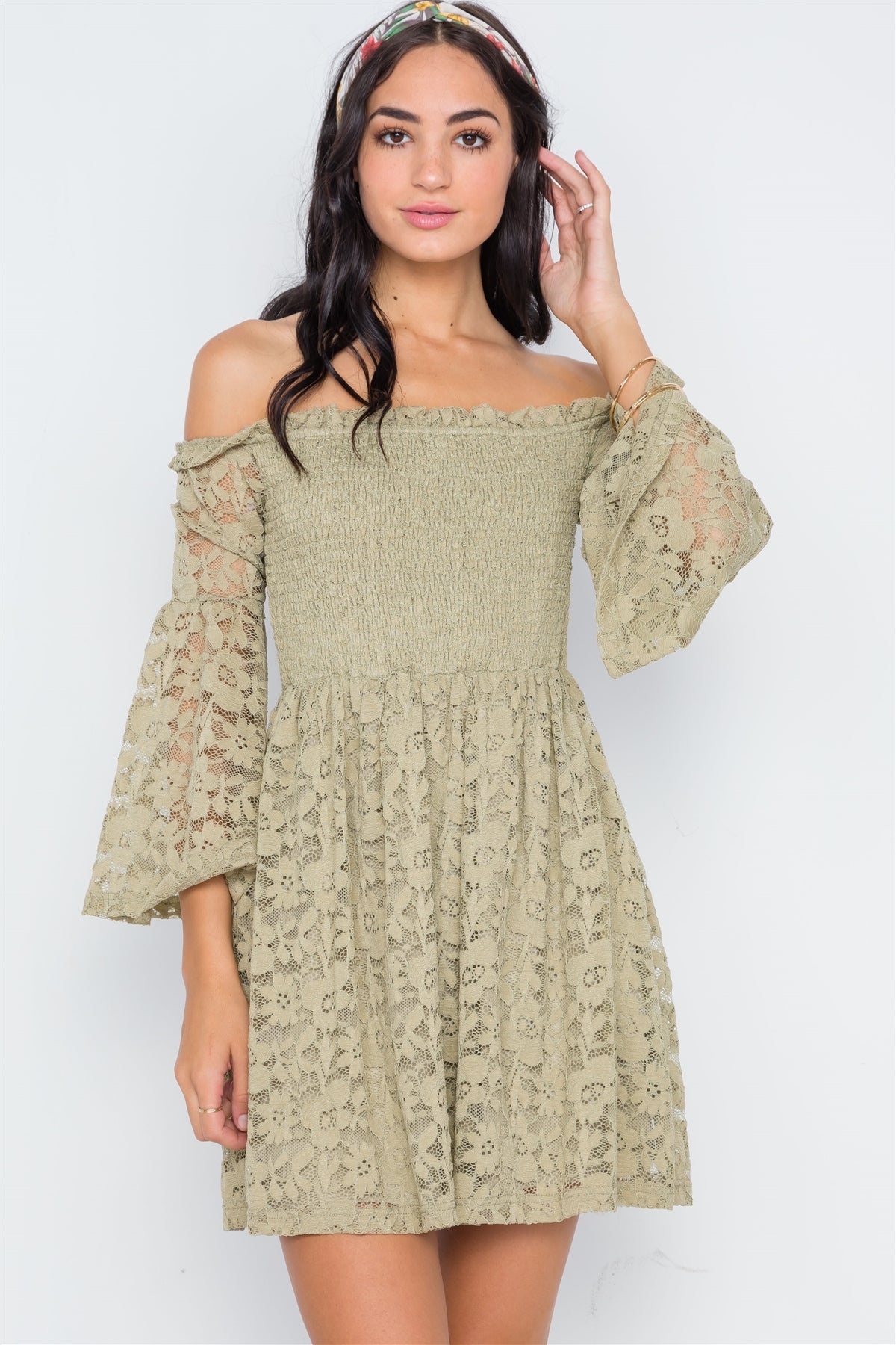 Boho Sage Floral Lace Off-the-shoulder Mini Dress