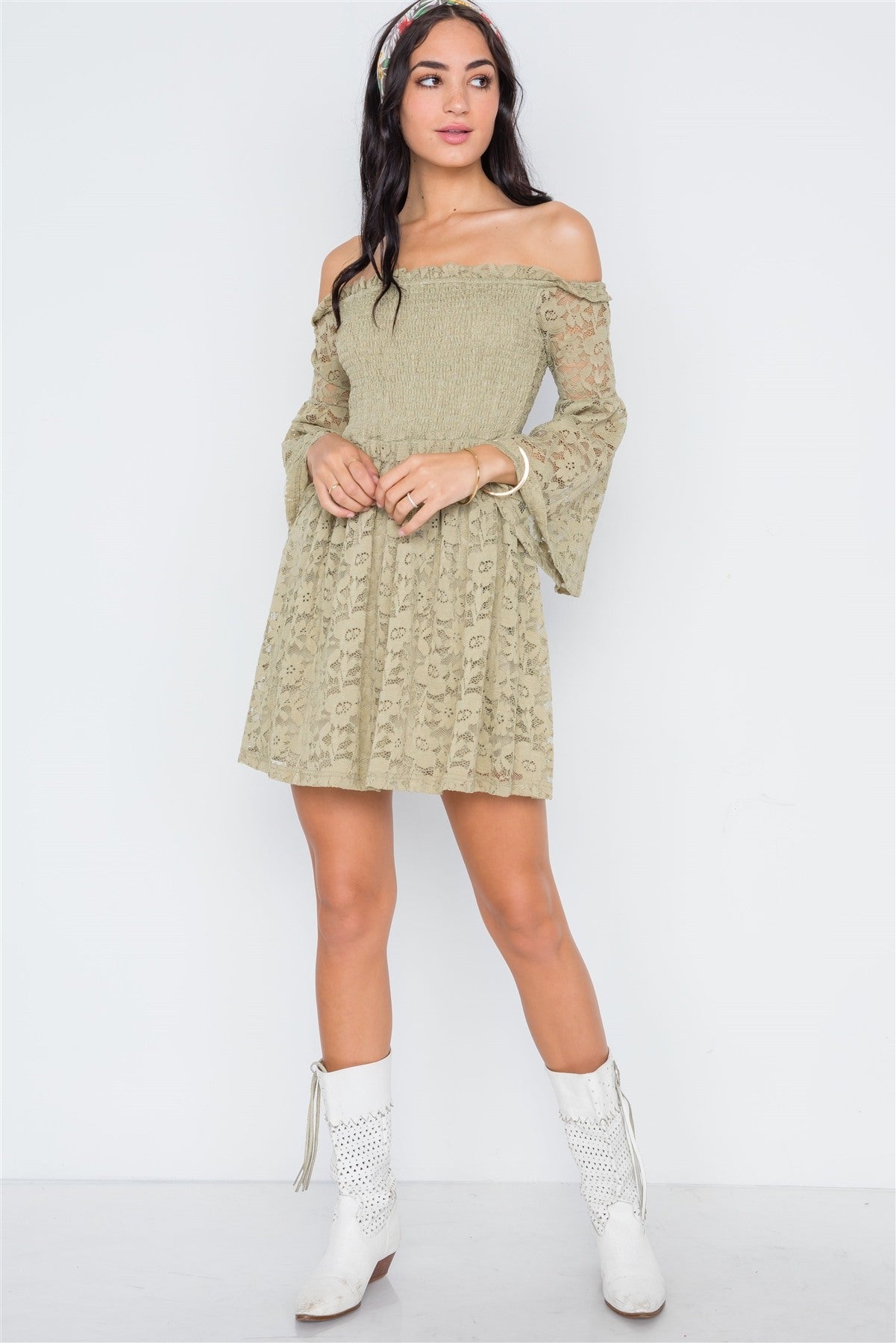 Boho Sage Floral Lace Off-the-shoulder Mini Dress