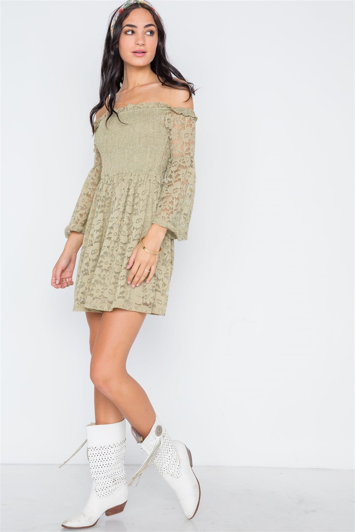 Boho Sage Floral Lace Off-the-shoulder Mini Dress