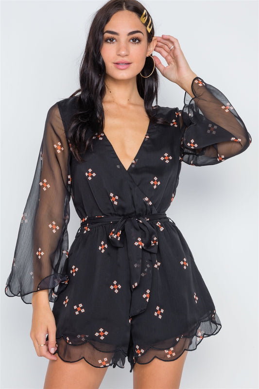 Black Chiffon Surplice Neck Long Sleeve Romper