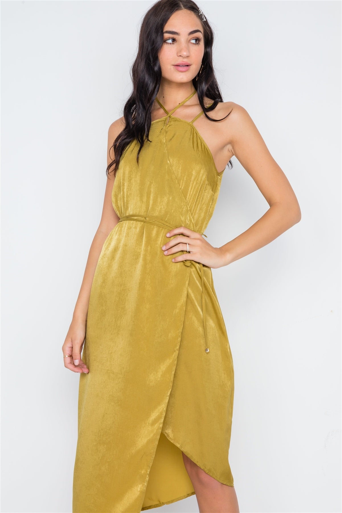 Mustard Asymmetrical Hem Cami Wrap Dress